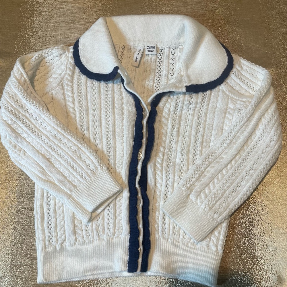 Janie and Jack White Knit Cardigan with Navy Trim